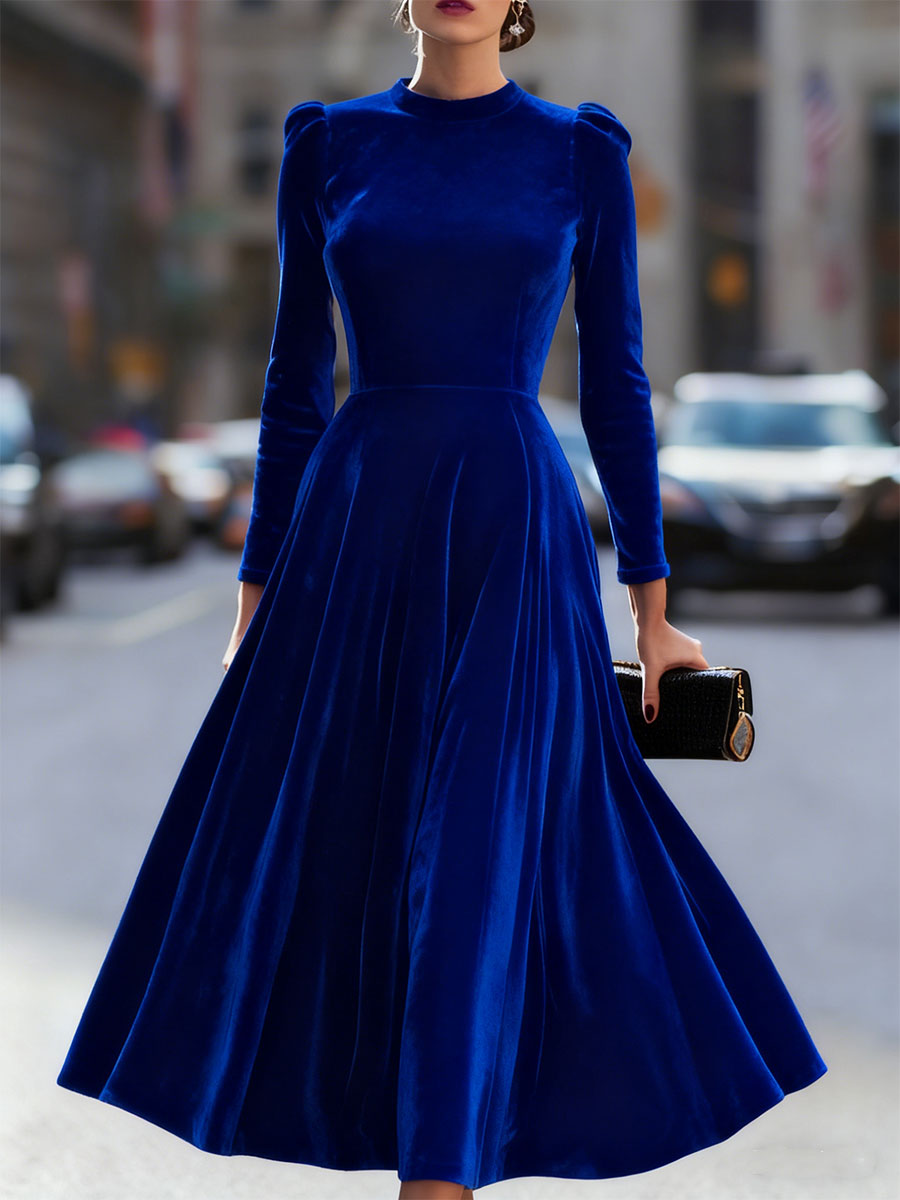 Albane | A-Line Long-Sleeve Velvet Midi Wedding Guest Dress