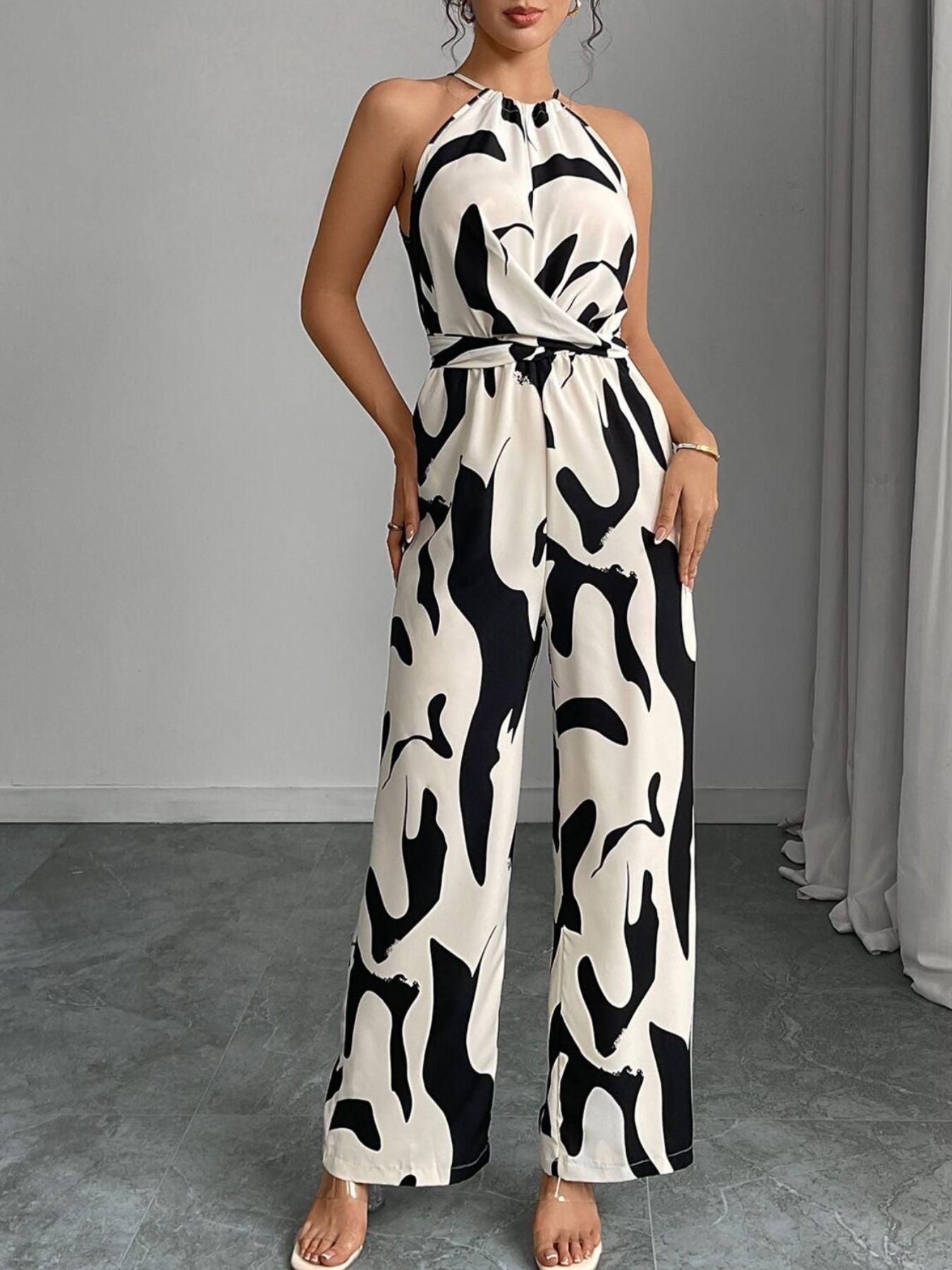 Cordelia | Halter Neck Belted Wide Leg Jumpsuit Black