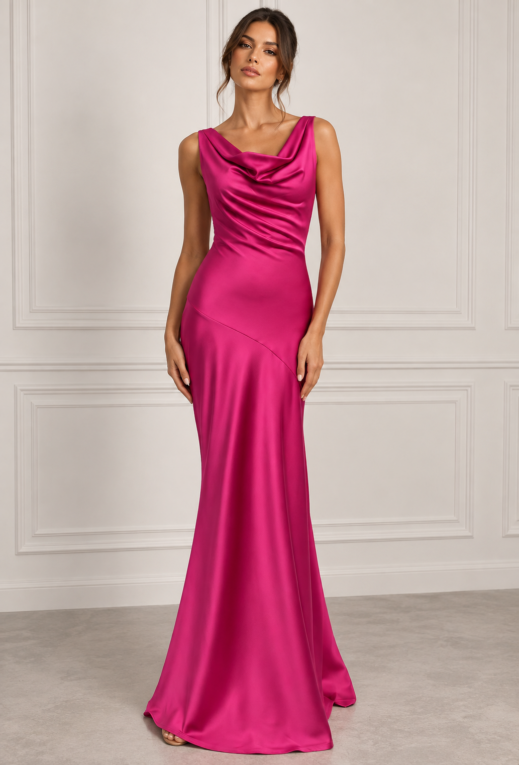Anouk | Fuchsia Cowl Neck Satin Maxi Wedding Guest Dress