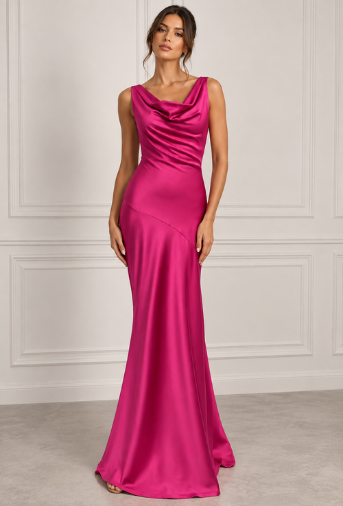 Anouk | Fuchsia Cowl Neck Satin Maxi Wedding Guest Dress
