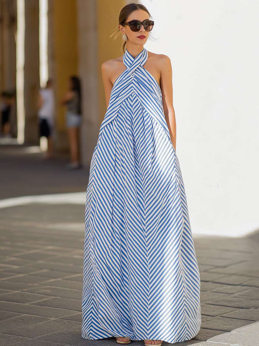 Verena | Halter Neck Striped Maxi Garden Party Dress
