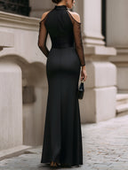 Flavie | Evening High-Neck Sheer Mesh Sleeves Belted Satin Gown