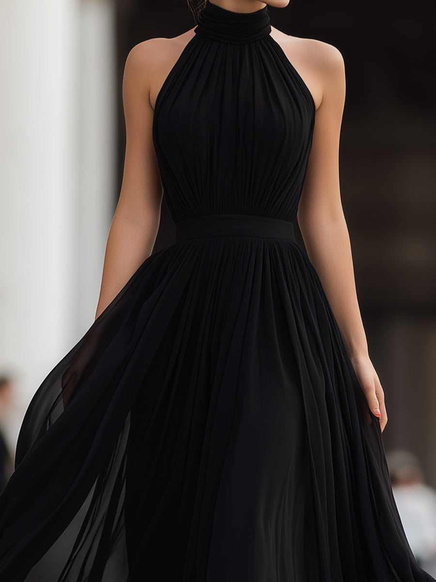 Evangeline | Halter Neck Pleated Chiffon Evening Maxi Dress