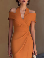 Margaux | Halter Ruched Wrap Midi Wedding Guest Dress