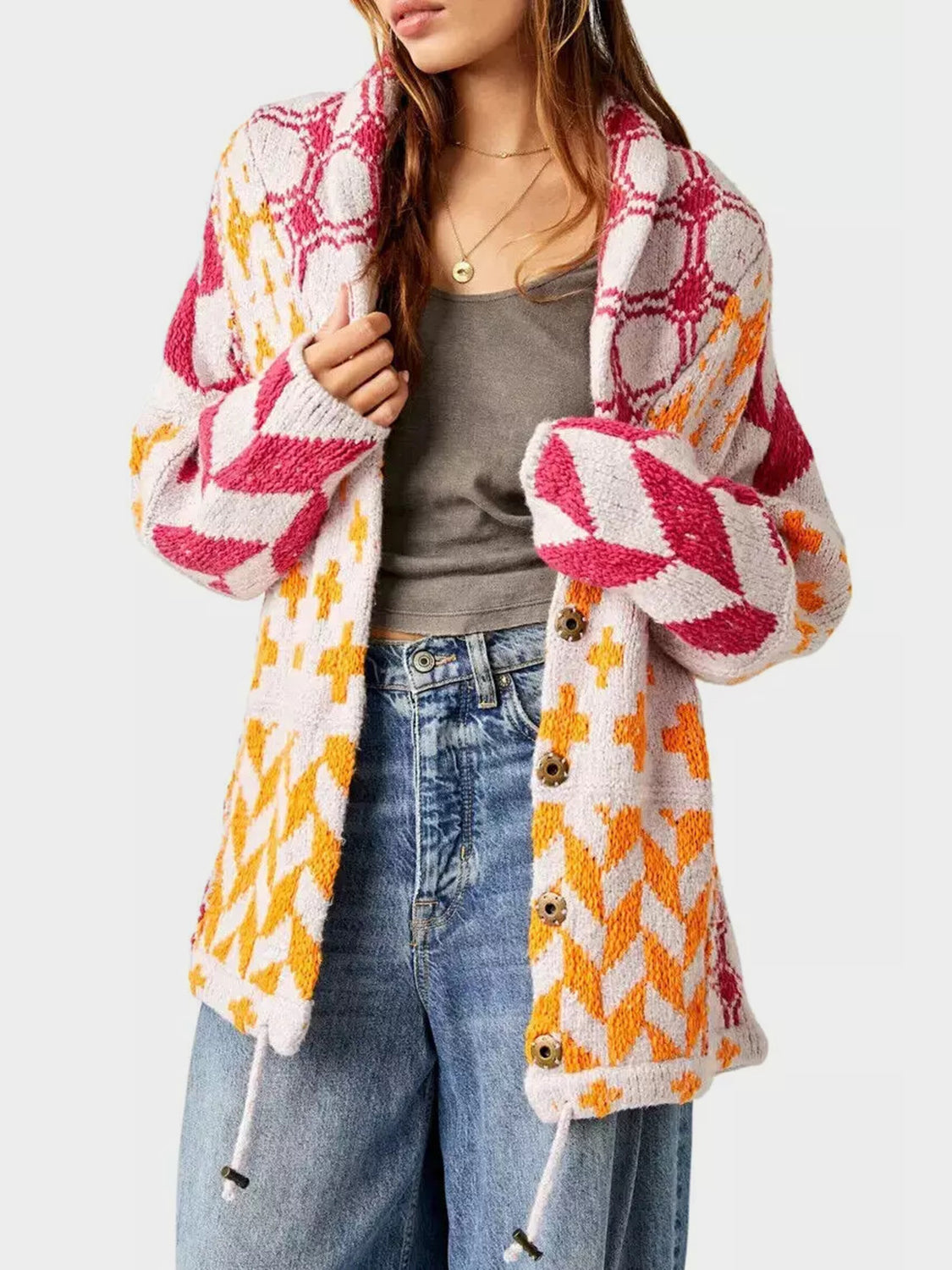 Marguerite | Oversized Cardigan Sweater with Jacquard Diamond Knit