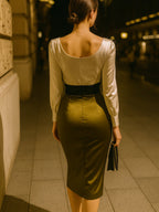 Floriane | Satin Lace Cocktail Occasion Dress Olive Green