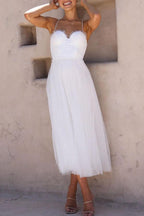Edith | White Tulle Midi Dress With Corset Bodice