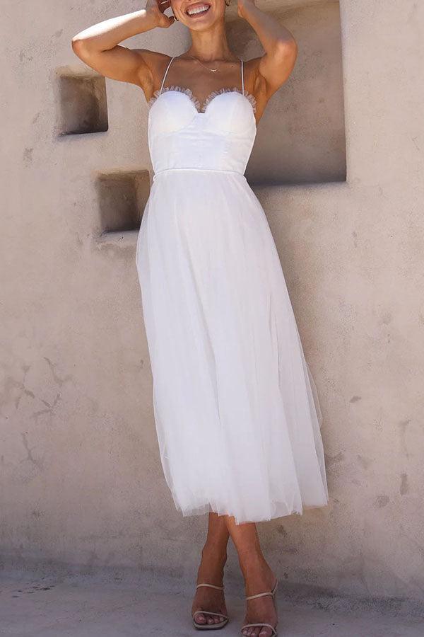 Edith | White Tulle Midi Dress With Corset Bodice
