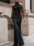 Flavie | Evening High-Neck Sheer Mesh Sleeves Belted Satin Gown