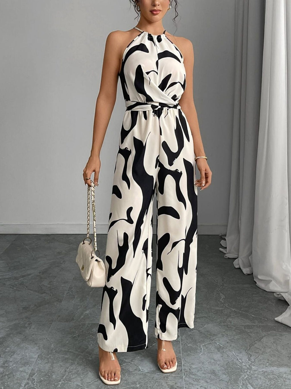 Cordelia | Halter Neck Belted Wide Leg Jumpsuit Black