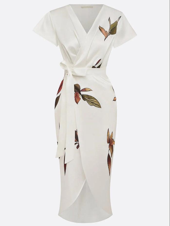 Cordelia | Wrap V-Neck Leaf Print Occasion Dress