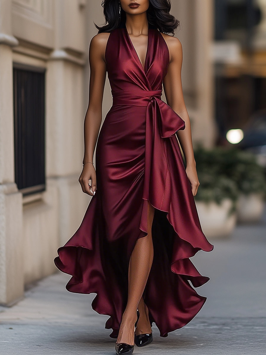 Eulalie | Satin Halter Midnight Wedding Guest Ruffle Gown