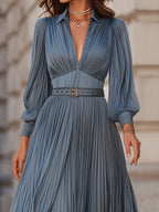 Mathilde | Belted Pleated Midi Garden Party Dress Powder Blue
