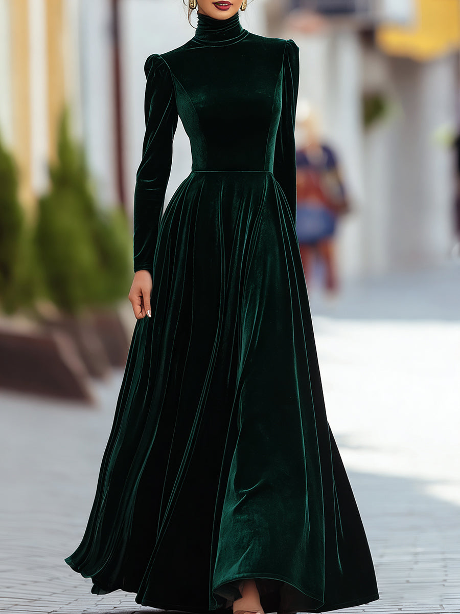 Sabine | Velvet Long Sleeve Pleated Evening Gown Maxi Dress