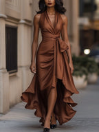 Eulalie | Satin Halter Midnight Wedding Guest Ruffle Gown