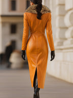 Josephine | Belted Faux Leather Fur Collar Maxi Dress