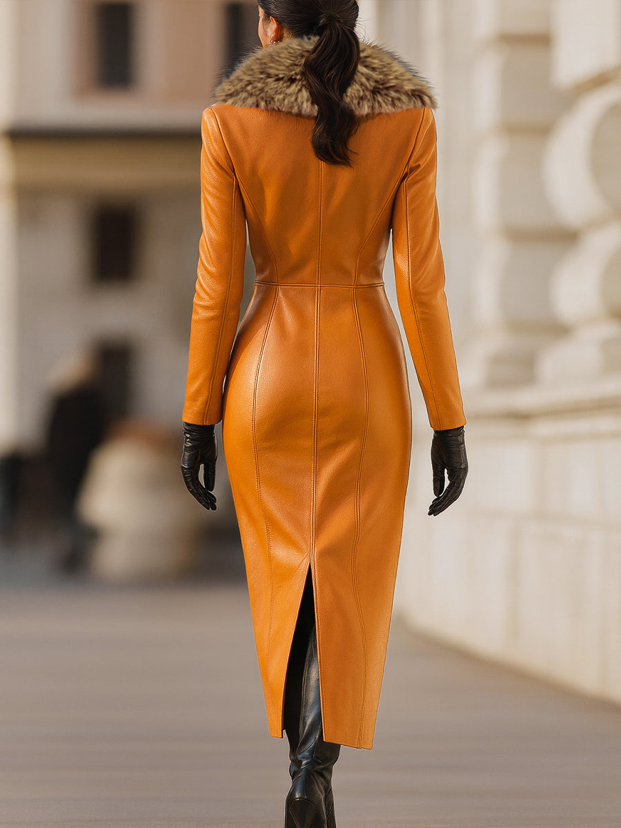 Josephine | Belted Faux Leather Fur Collar Maxi Dress