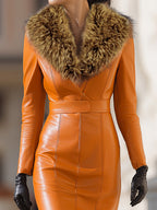 Josephine | Belted Faux Leather Fur Collar Maxi Dress