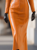 Josephine | Belted Faux Leather Fur Collar Maxi Dress
