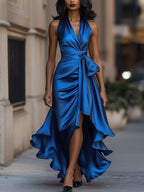 Eulalie | Satin Halter Midnight Wedding Guest Ruffle Gown