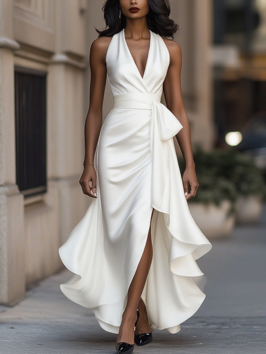 Eulalie | Satin Halter Midnight Wedding Guest Ruffle Gown
