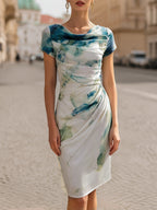 Vivienne | Draped Cowl Neck Printed Midi Dress For Elegant Days