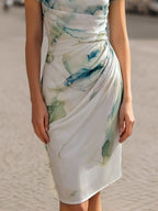 Vivienne | Draped Cowl Neck Printed Midi Dress For Elegant Days
