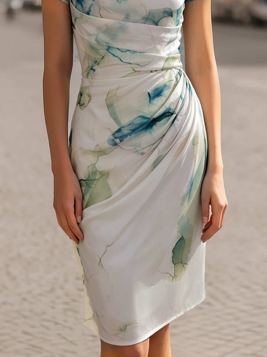 Vivienne | Draped Cowl Neck Printed Midi Dress For Elegant Days
