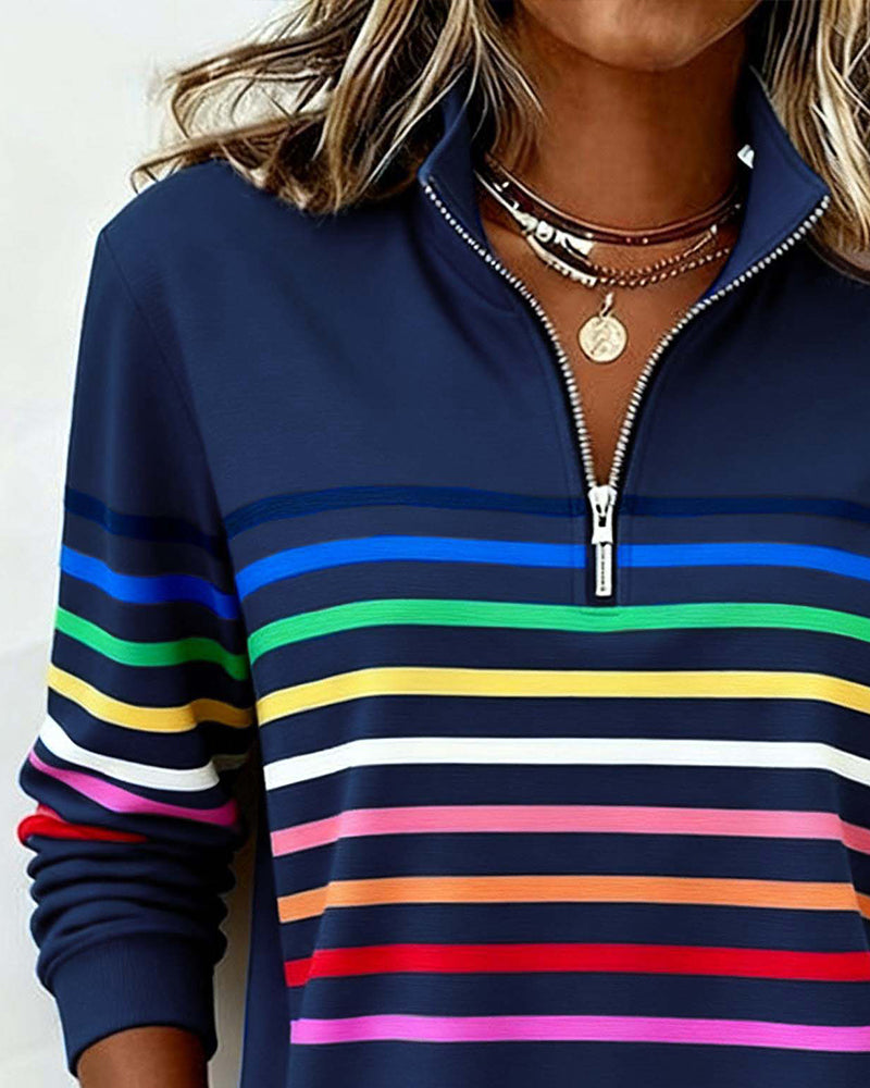 Apolline | Zip Up Sweatshirt No Hood Striped Sporty Casual