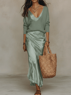 Theodora | Silk Knit & Satin Midi Skirt Two-Piece Set
