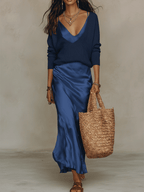 Theodora | Silk Knit & Satin Midi Skirt Two-Piece Set