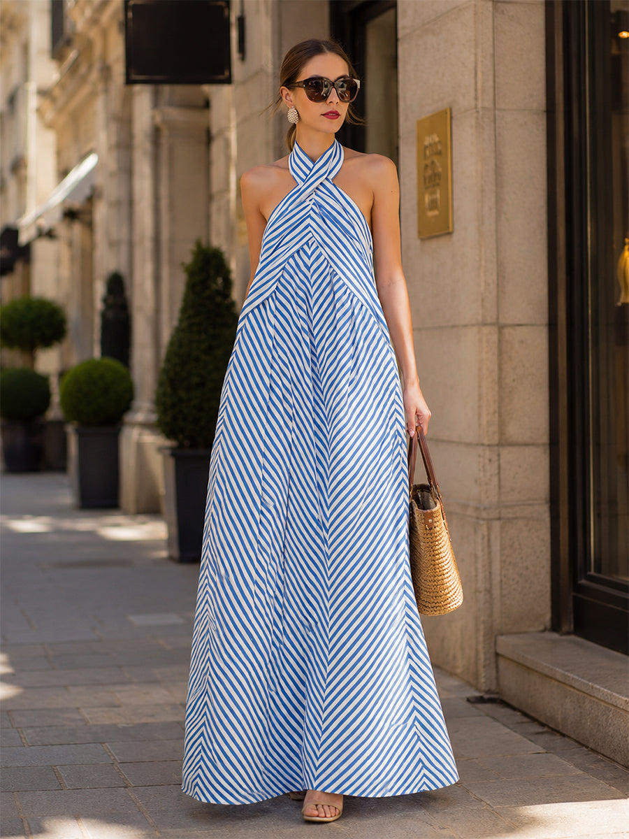 Verena | Halter Neck Striped Maxi Garden Party Dress