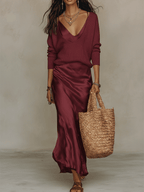 Theodora | Silk Knit & Satin Midi Skirt Two-Piece Set