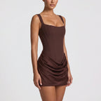 Bryony | Long Sleeve Satin Dress Square Neck Draped Mini