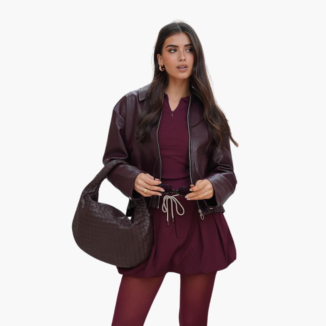 Lucinda | Women Leather Bomber Jacket in Burgundy