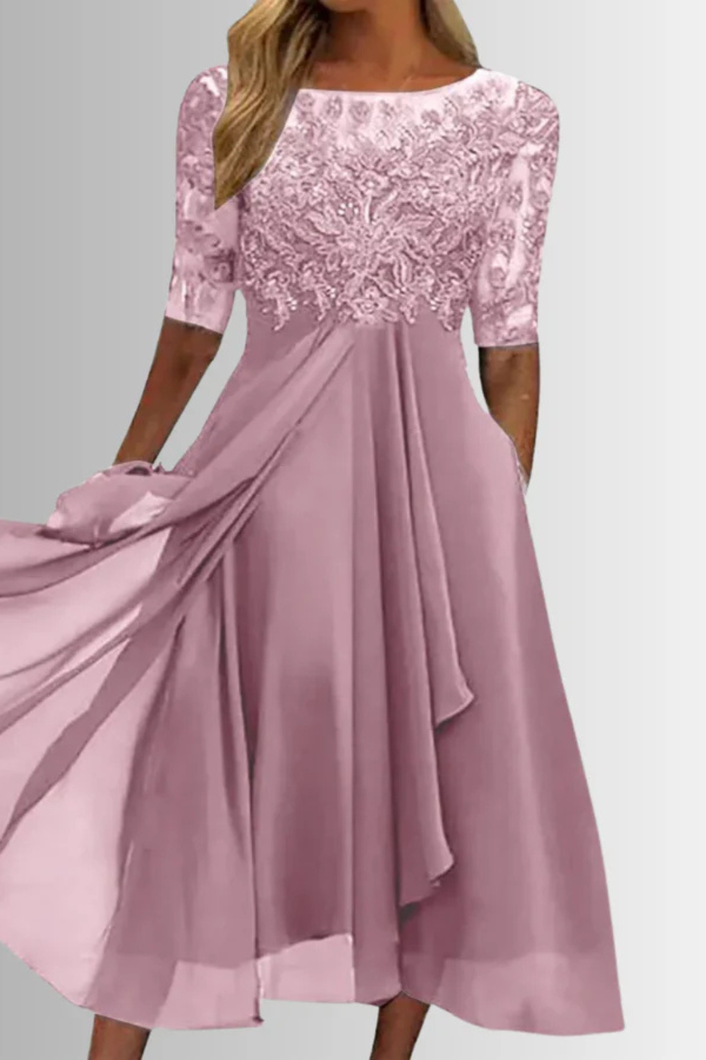 Edith | Women Long Sleeve Chiffon Midi Wedding Guest Dresses