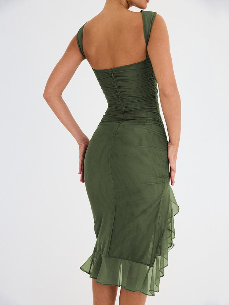 Vivienne | Long Sleeve Ruffle Midi Dress For Garden Parties