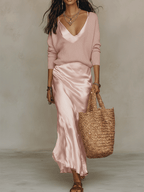 Theodora | Silk Knit & Satin Midi Skirt Two-Piece Set