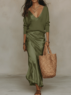 Theodora | Silk Knit & Satin Midi Skirt Two-Piece Set