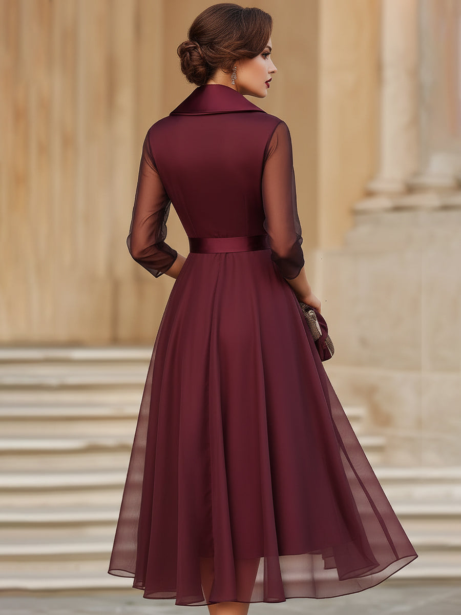Honorine | Belted Tuxedo Wrap Evening Dress Burgundy Sheer Sleeves