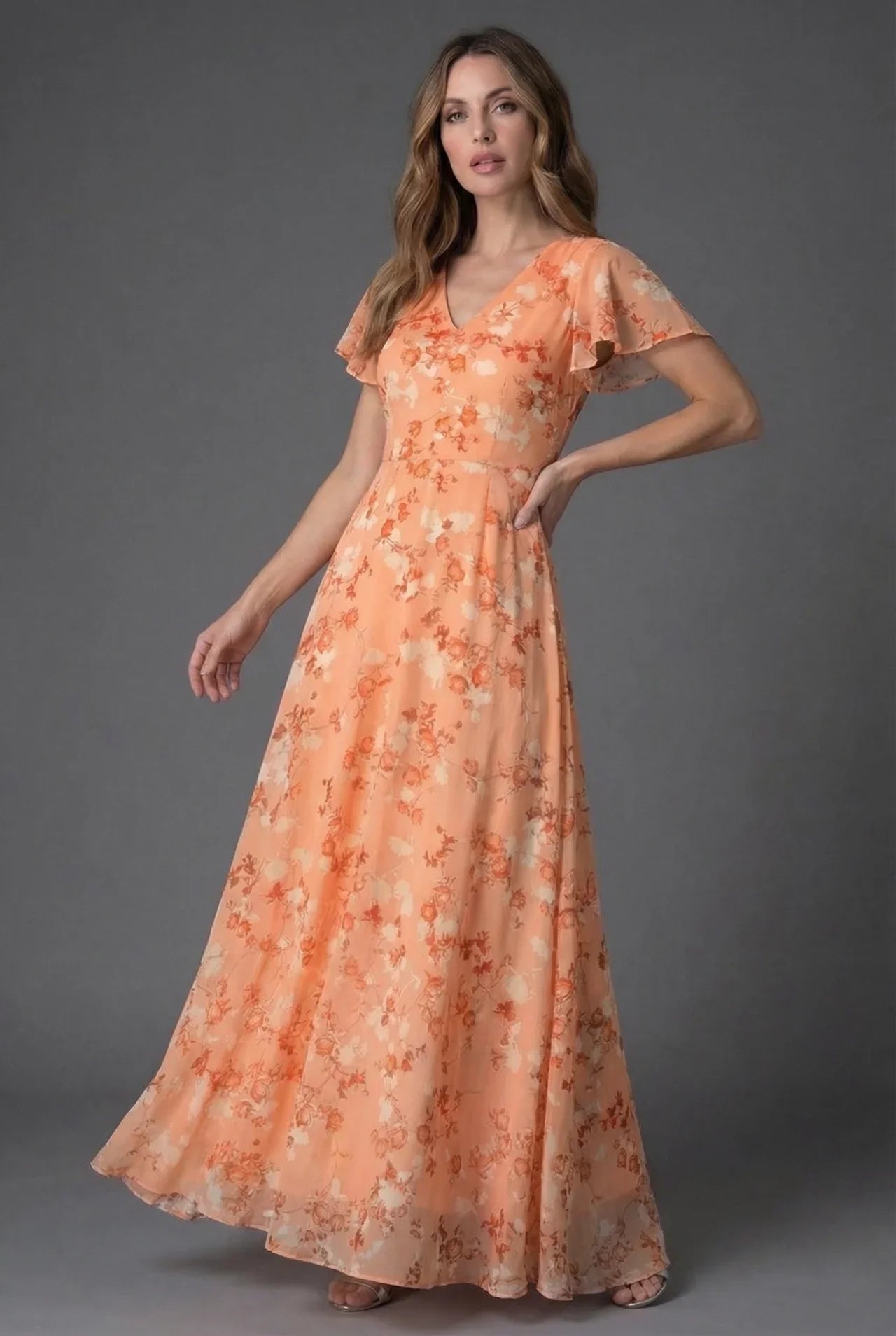 Esmee | Winter Wedding Guest Dresses Floral Maxi Flutter Sleeve