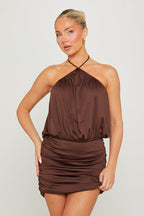 Katarina | Spaghetti Strap Ruched Halter Bodycon Mini Dress