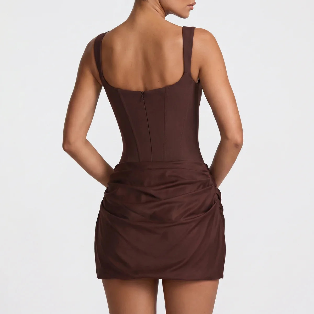 Bryony | Long Sleeve Satin Dress Square Neck Draped Mini