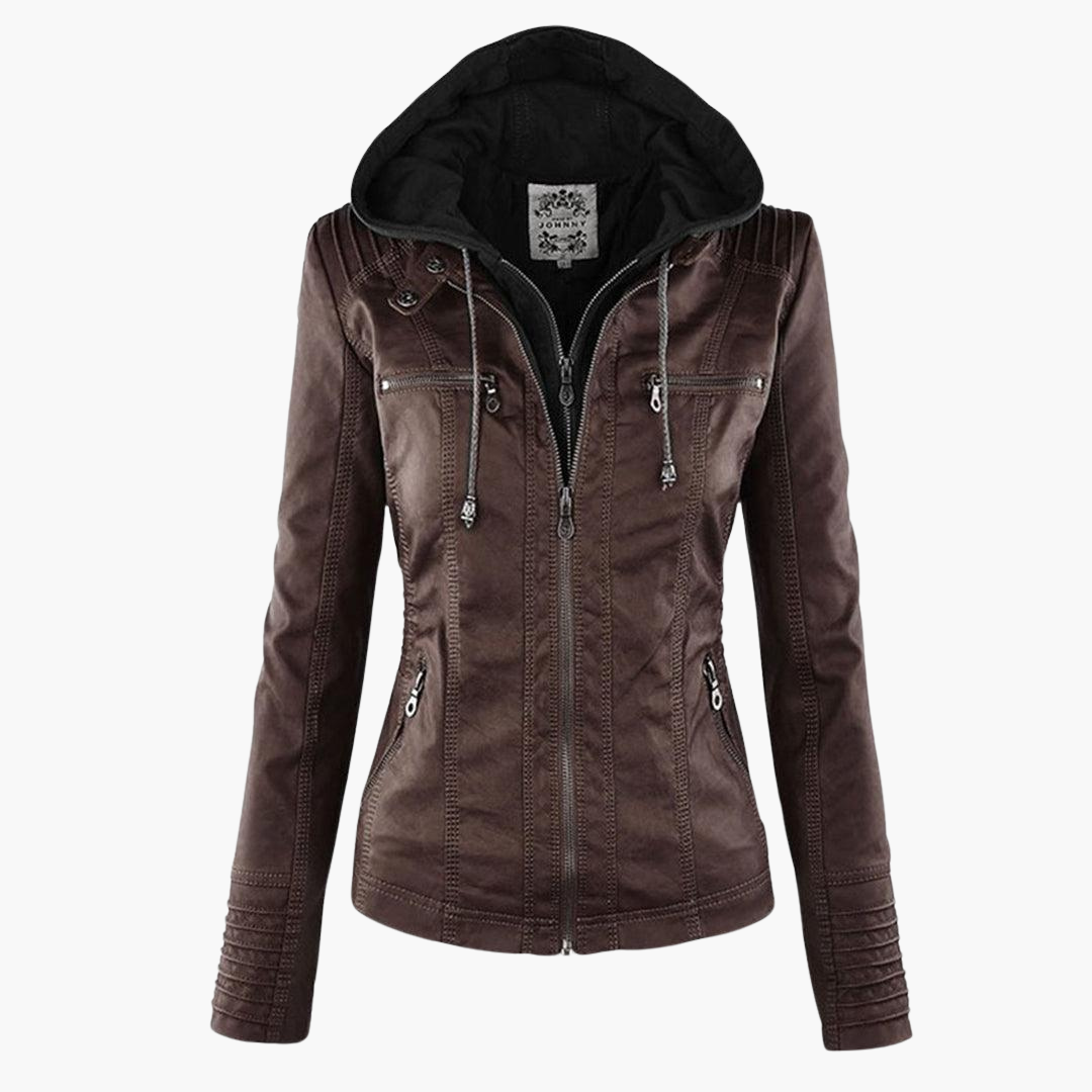 Seraphina | Black Faux Leather Jacket With Faux Fur Trim Detail — Brown