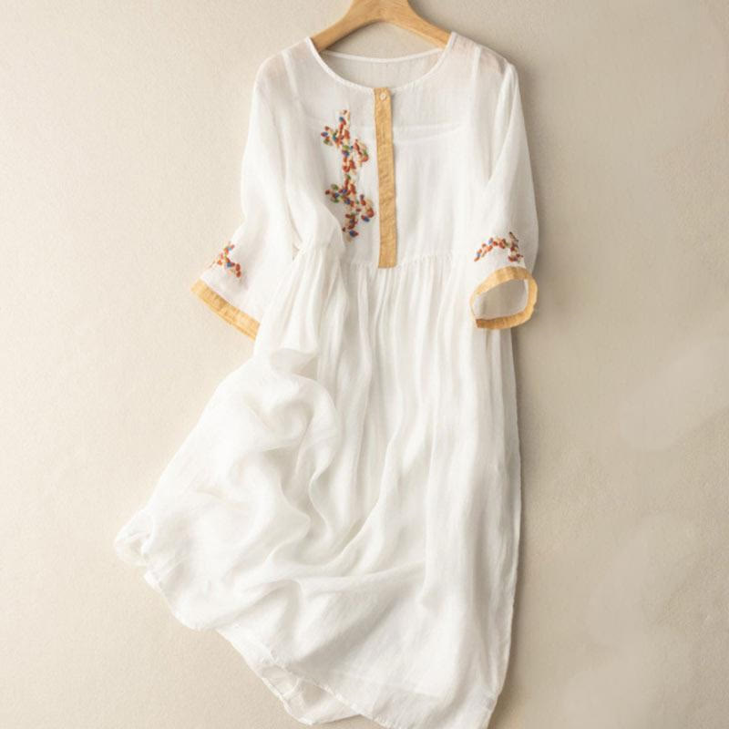 Mathilde | Embroidered Linen House Dress Midi