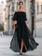 Floriane | Off-Shoulder Pleated Chiffon Maxi Evening Dress