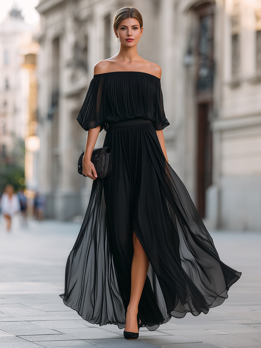 Floriane | Off-Shoulder Pleated Chiffon Maxi Evening Dress