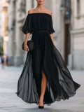 Floriane | Off-Shoulder Pleated Chiffon Maxi Evening Dress