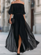 Floriane | Off-Shoulder Pleated Chiffon Maxi Evening Dress