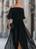 Floriane | Off-Shoulder Pleated Chiffon Maxi Evening Dress